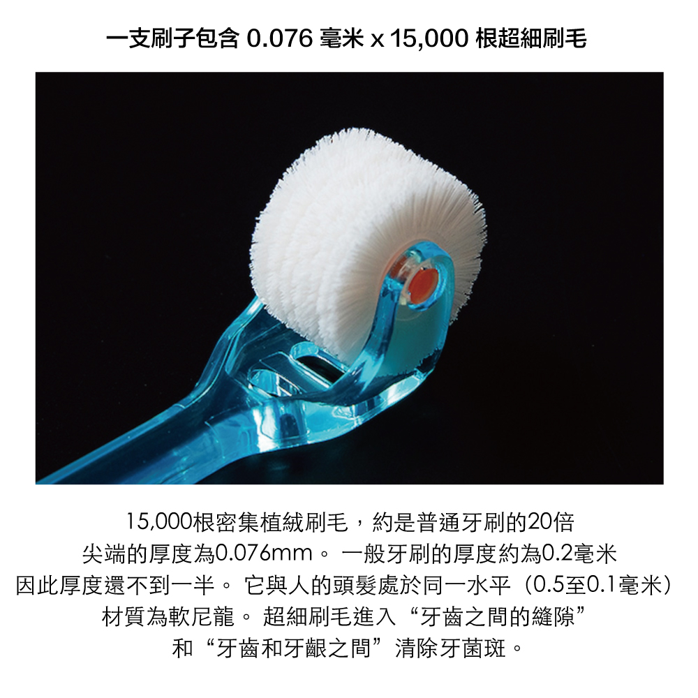 一支刷子包含 0.076 毫米x 15,000 根超細刷毛15,000根密集植絨刷毛,約是普通牙刷的20倍尖端的厚度為0.076mm。一般牙刷的厚度約為0.2毫米因此厚度還不到一半。 它與人的頭髮處於同一水平(0.5至0.1毫米)材質為軟尼龍。 超細刷毛進入“牙齒之間的縫隙”和“牙齒和牙齦之間”清除牙菌斑。